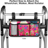 Wheelchair Side Bag, Upgrade Flower Color Wheelchair Armrest Storage Pouch with Cup Holder and Reflective Strip Made with Waterproof Fabric, for Most Wheelchairs, Walkers and Rollators (Red Butterfly)